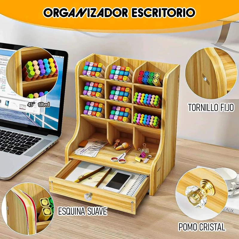ORGANIZADOR DE ESCRITORIO DE MADERA CON CAJON Y 12 COMPARTIMENTOS - 3