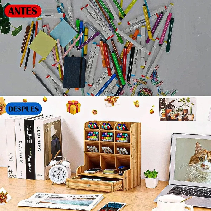 ORGANIZADOR DE ESCRITORIO DE MADERA CON CAJON Y 12 COMPARTIMENTOS - 4
