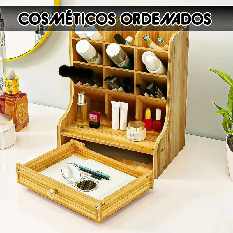 ORGANIZADOR DE ESCRITORIO DE MADERA CON CAJON Y 12 COMPARTIMENTOS - 5