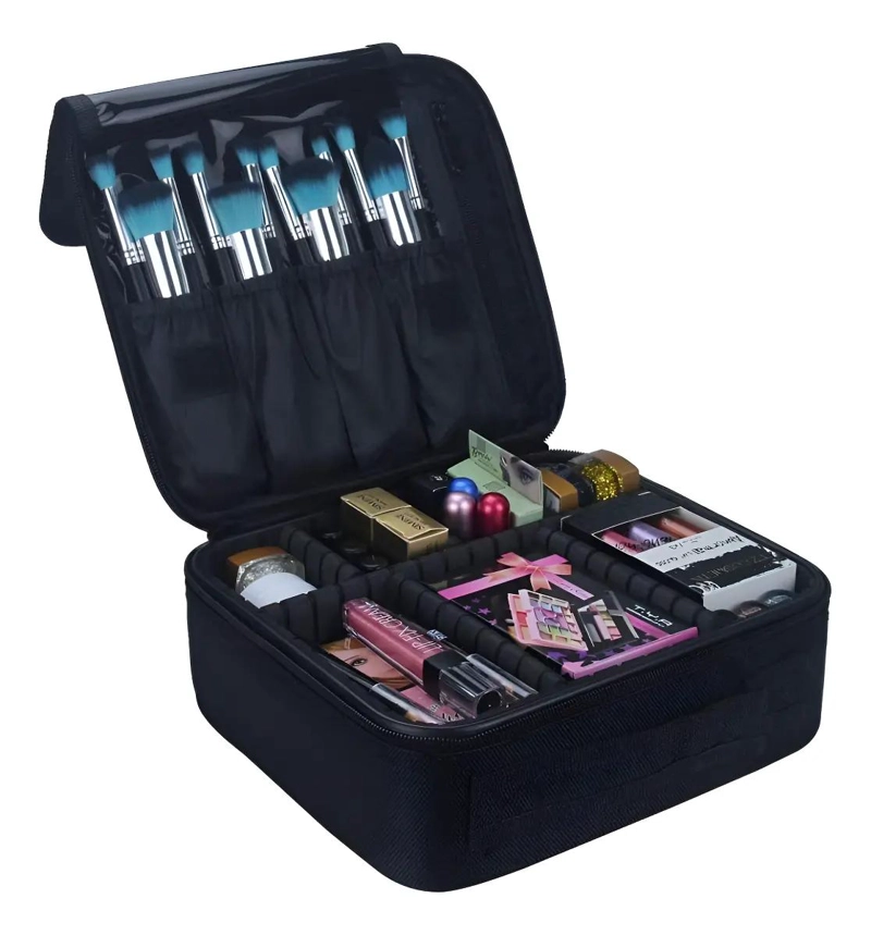 ORGANIZADOR DE MAQUILLAJE CON COMPARTIMENTOS MULTIPLES EN ROSA Y NEGRO - 1