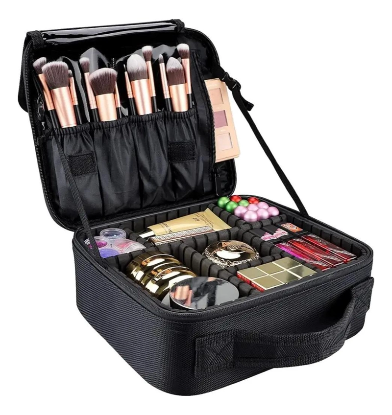 ORGANIZADOR DE MAQUILLAJE CON COMPARTIMENTOS MULTIPLES EN ROSA Y NEGRO - 3
