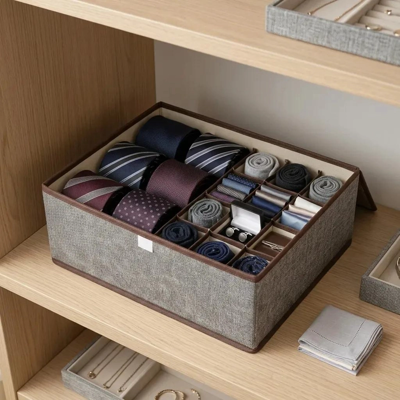 CAJA ORGANIZADORA PARA CORBATAS Y ACCESORIOS COLOR GRIS LISO - 1