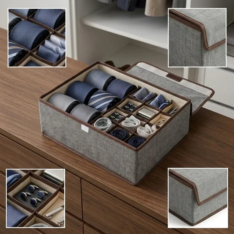 CAJA ORGANIZADORA PARA CORBATAS Y ACCESORIOS COLOR GRIS LISO - 3