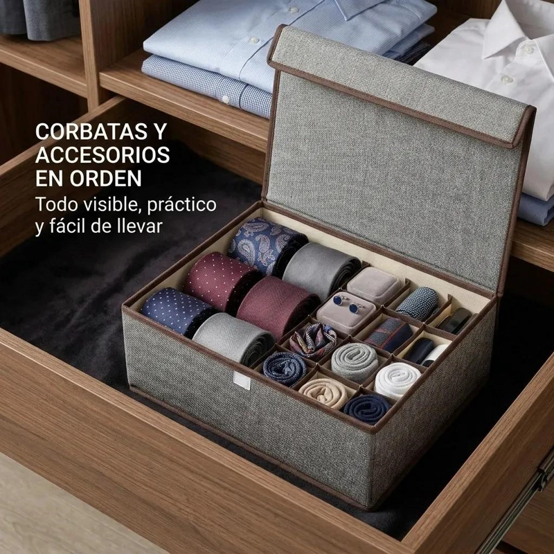 CAJA ORGANIZADORA PARA CORBATAS Y ACCESORIOS COLOR GRIS LISO - 4