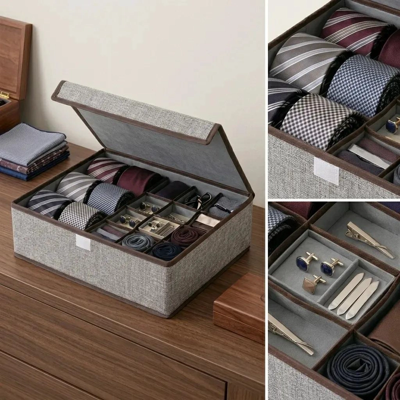 CAJA ORGANIZADORA PARA CORBATAS Y ACCESORIOS COLOR GRIS LISO - 5