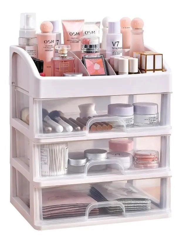 ORGANIZADOR DE COSME TICOS CON TRES CAJONES DE PLASTICO TRANSPARENTE - 1