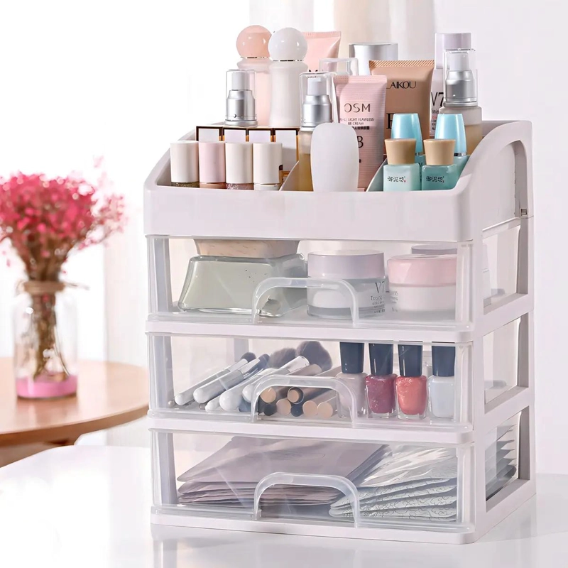 ORGANIZADOR DE COSME TICOS CON TRES CAJONES DE PLASTICO TRANSPARENTE - 2