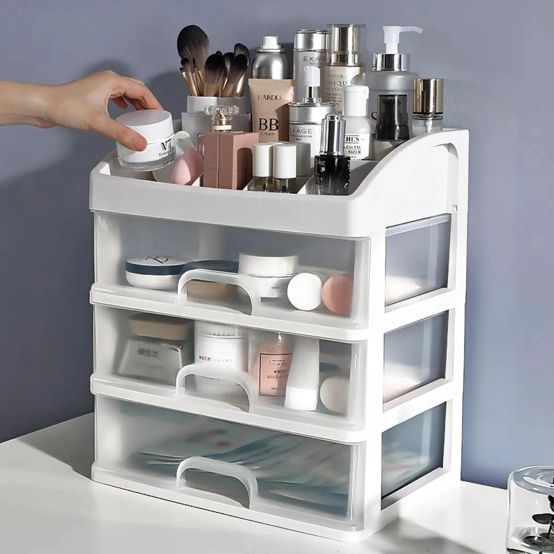 ORGANIZADOR DE COSME TICOS CON TRES CAJONES DE PLASTICO TRANSPARENTE - 5