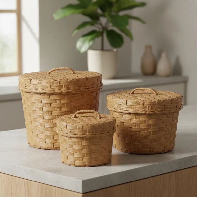 SET DE 3 CANASTOS ORGANIZADORES CON TAPA DE FIBRAS NATURALES - 1