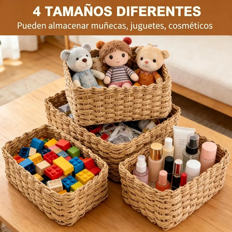 SET DE 4 CESTAS DE ALMACENAMIENTO DE MIMBRE PARA ORGANIZACION Y DECORACION - 4