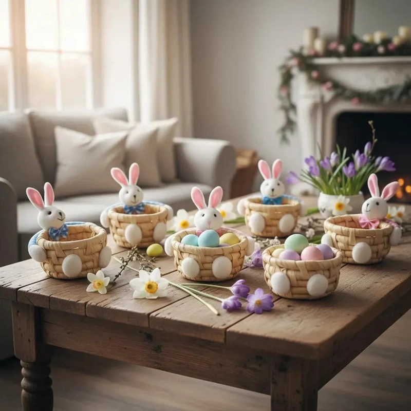 SET DE 12 CESTAS DE MIMBRE CON DISEÑO DE CONEJO PARA PASCUA - 3