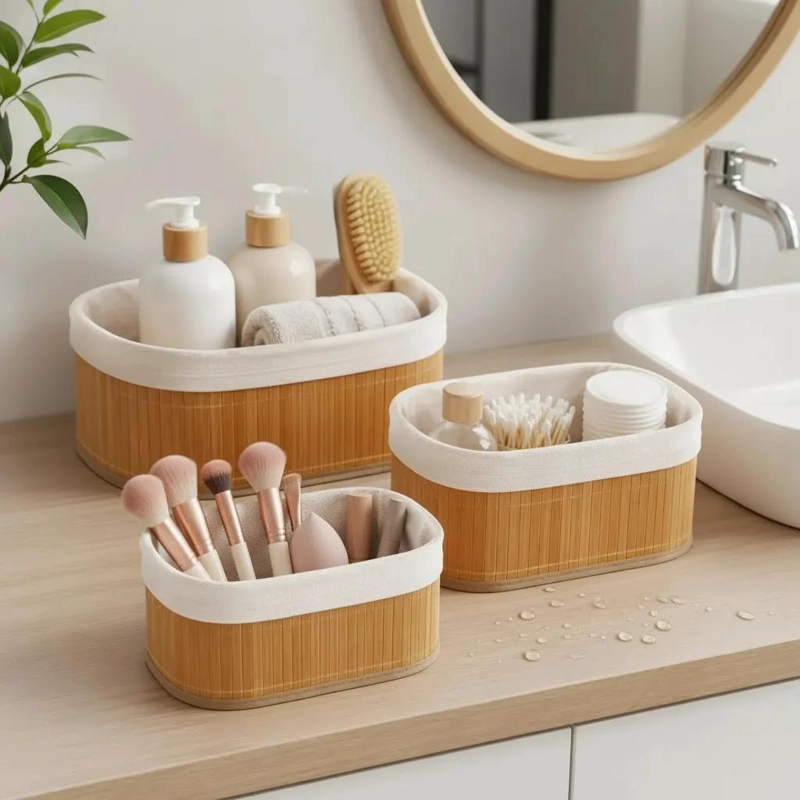 SET DE 3 CESTAS ORGANIZADORAS DE BAMBU Y TELA PARA EL HOGAR - 1