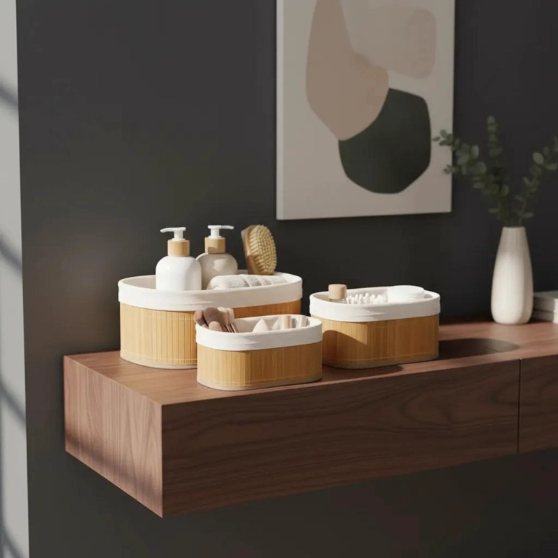SET DE 3 CESTAS ORGANIZADORAS DE BAMBU Y TELA PARA EL HOGAR - 2