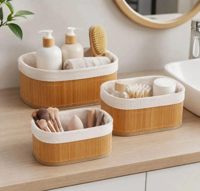 SET DE 3 CESTAS ORGANIZADORAS DE BAMBU Y TELA PARA EL HOGAR - 3