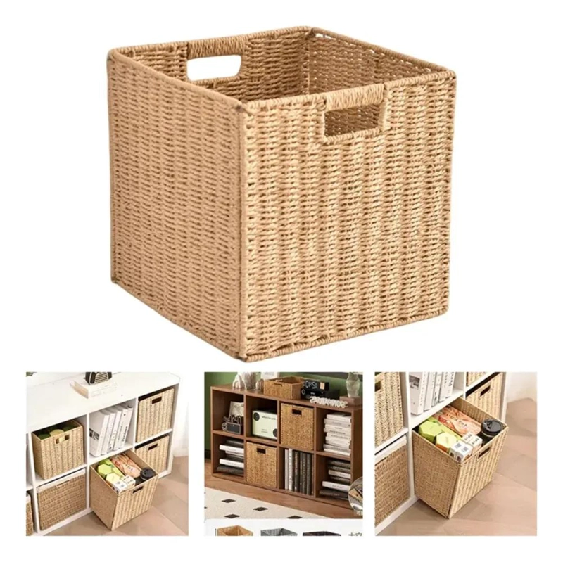 CANASTO ORGANIZADOR DECORATIVO DE MIMBRE BEIGE PLEGABLE PARA EL HOGAR - 1