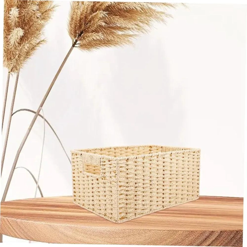 CANASTO ORGANIZADOR DECORATIVO DE MIMBRE BEIGE PLEGABLE PARA EL HOGAR - 4