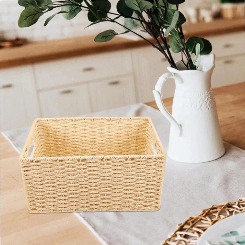 CANASTO ORGANIZADOR DECORATIVO DE MIMBRE BEIGE PLEGABLE PARA EL HOGAR - 5