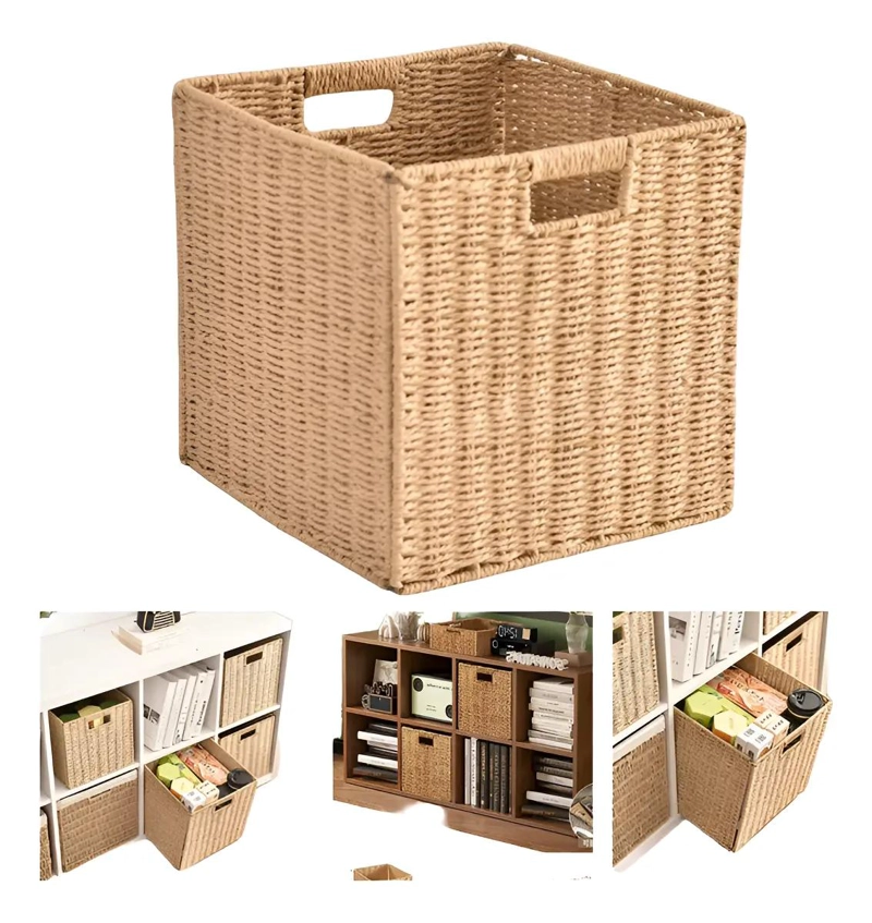 CANASTO ORGANIZADOR DECORATIVO DE MIMBRE BEIGE PLEGABLE PARA HOGAR - 2