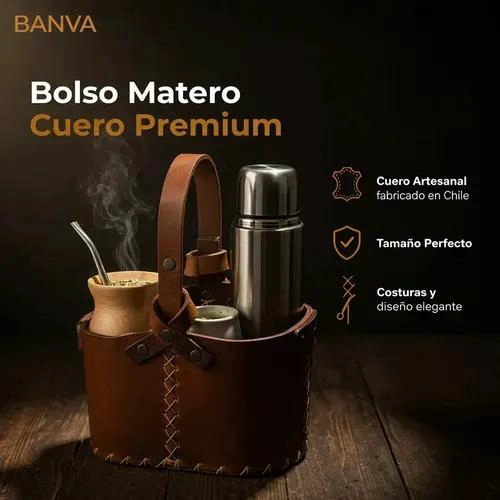 BOLSO MATERO DE CUERO COLOR CAFE  CON CANASTA PARA YERBA - 2
