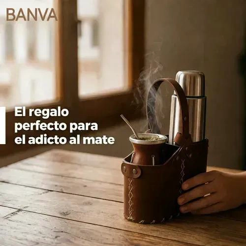 BOLSO MATERO DE CUERO COLOR CAFE  CON CANASTA PARA YERBA - 3