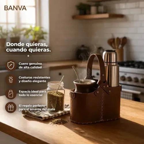 BOLSO MATERO DE CUERO COLOR CAFE  CON CANASTA PARA YERBA - 5