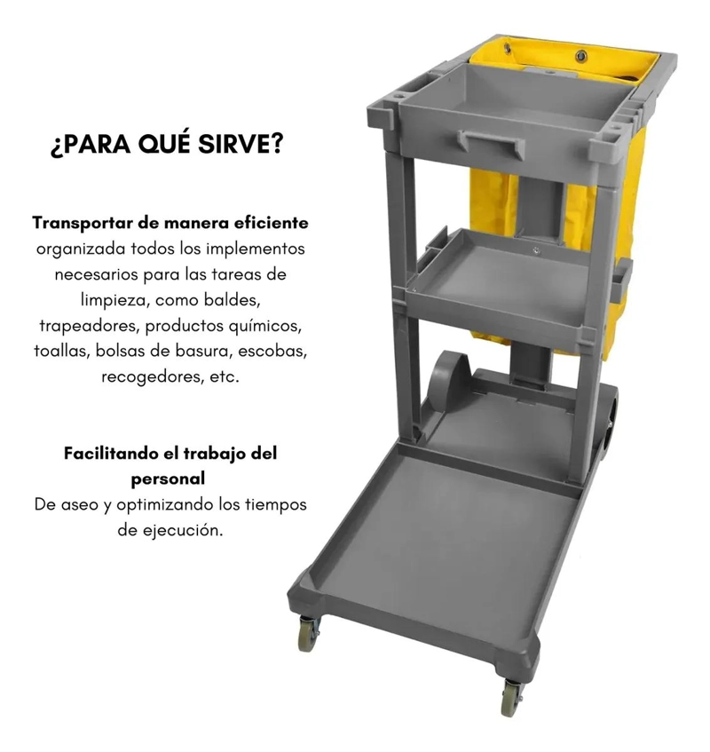 CARRO PARA ASEO Y LIMPIEZA CON BOLSA RECOLECTORA Y PORTA UTILES - 3