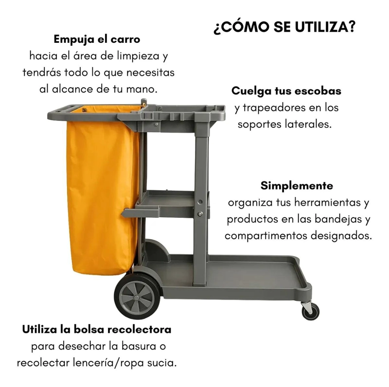 CARRO PARA ASEO Y LIMPIEZA CON BOLSA RECOLECTORA Y PORTA UTILES - 4
