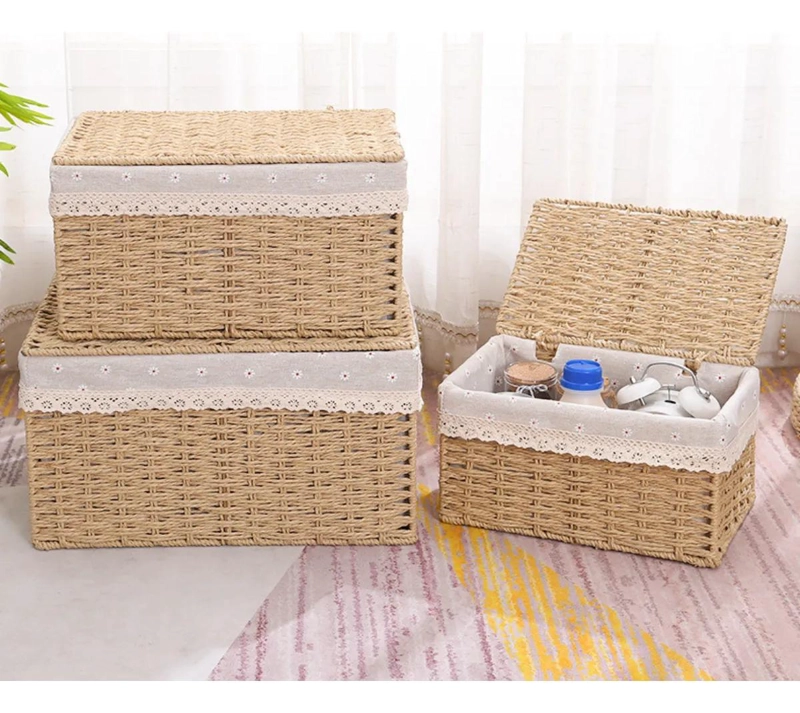 SET DE 2 CESTAS DE ALMACENAMIENTO TEJIDAS CON TAPA DECORATIVA - 4