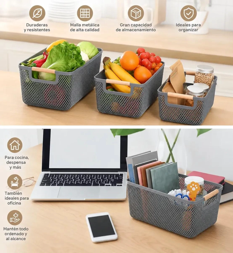 SET DE 3 CANASTOS METALICOS CON MANGO DE MADERA PARA ORGANIZACION - 1