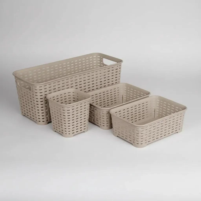 SET DE 4 CANASTOS PLASTICOS COLOR TAUPE  PARA ORGANIZACION - 1