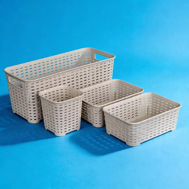 SET DE 4 CANASTOS PLASTICOS COLOR TAUPE  PARA ORGANIZACION - 2