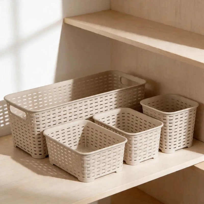 SET DE 4 CANASTOS PLASTICOS COLOR TAUPE  PARA ORGANIZACION - 3