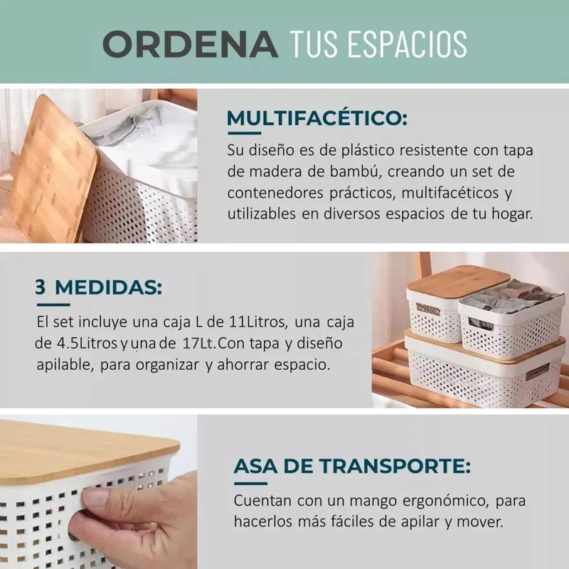 SET DE 6 CAJAS ORGANIZADORAS CON TAPA DE BAMBU PARA ALMACENAMIENTO - 5