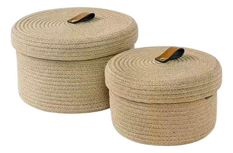 SET DE 2 CANASTOS REDONDOS CON TAPA TEJIDOS EN CUERDA DE ALGODON - 3