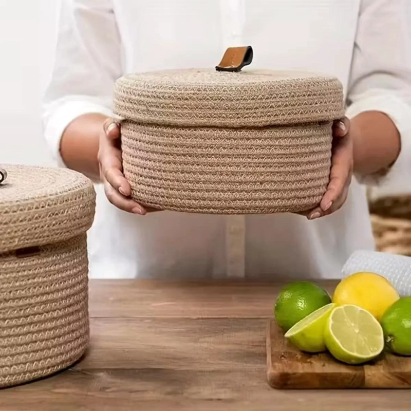 SET DE 2 CANASTOS REDONDOS CON TAPA TEJIDOS EN CUERDA DE ALGODON - 5