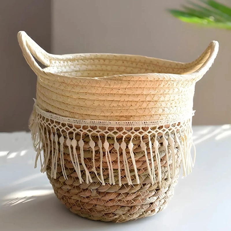 CANASTO MACETERO TEJIDO EN YUTE COLOR BEIGE PARA HOGAR - 5
