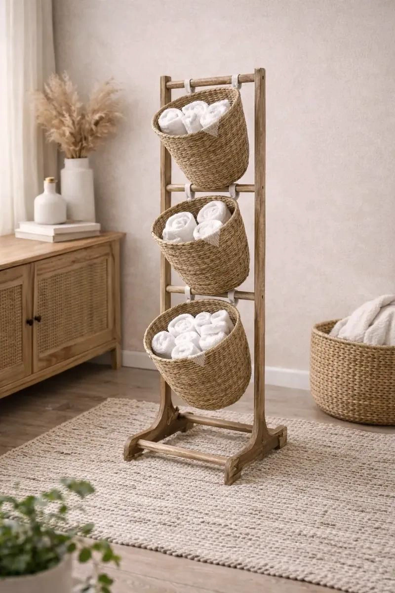 ORGANIZADOR CON TRES CESTAS DE YUTE Y BASE DE MADERA RESISTENTE - 1