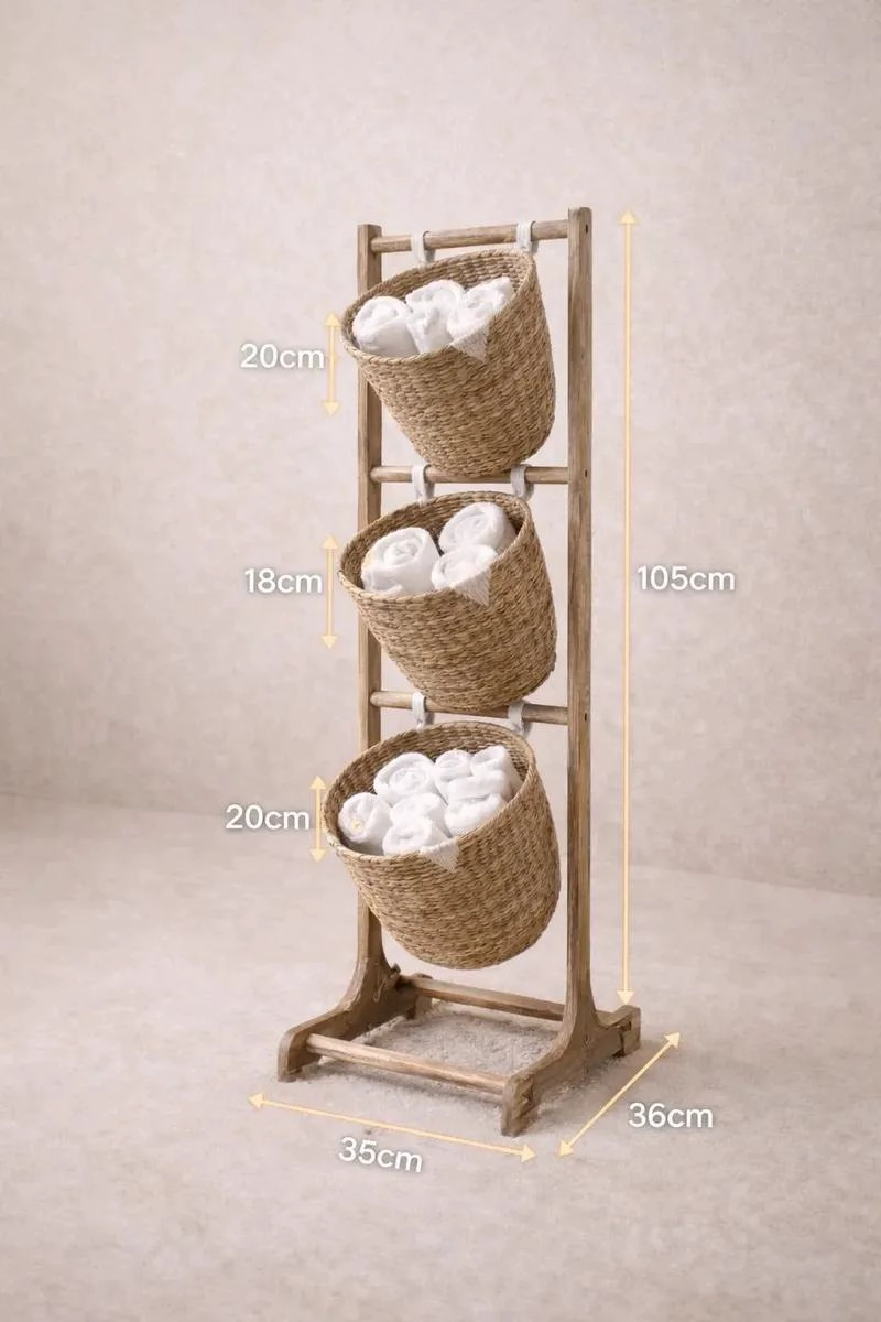 ORGANIZADOR CON TRES CESTAS DE YUTE Y BASE DE MADERA RESISTENTE - 2
