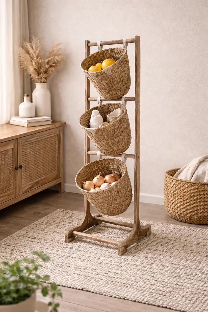 ORGANIZADOR CON TRES CESTAS DE YUTE Y BASE DE MADERA RESISTENTE - 3