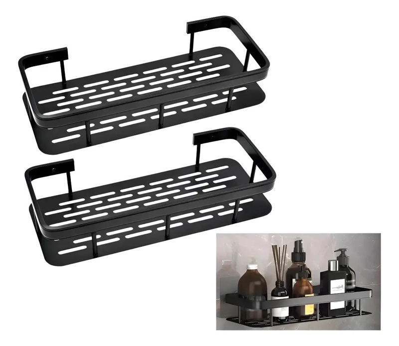 ORGANIZADOR PARA DUCHA CON 2 REPISAS EN ACERO INOXIDABLE NEGRO ADHESIVO - 1