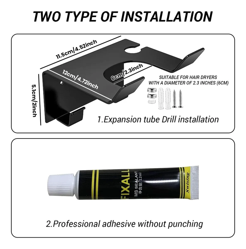 SOPORTE METALICO PARA SECADOR DE PELO CON ADHESIVO Y TORNILLOS - 2