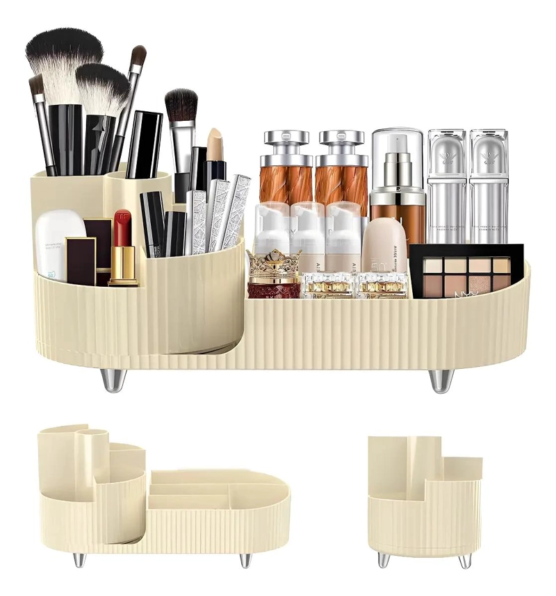 ORGANIZADOR GIRATORIO PARA MAQUILLAJE CON SOPORTE PARA BROCHAS Y COMPARTIMENTOS - 1