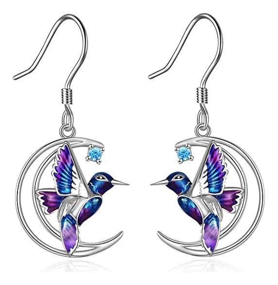 AROS DE PLATA FINA 925 CON DISEÑO DE COLIBRI Y LUNA CON CIRCONIAS - 1
