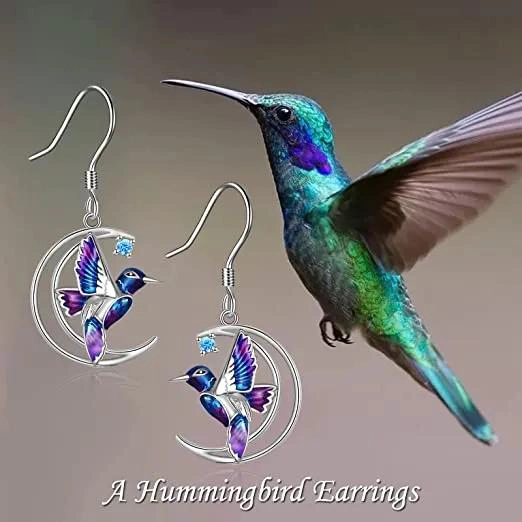AROS DE PLATA FINA 925 CON DISEÑO DE COLIBRI Y LUNA CON CIRCONIAS - 3