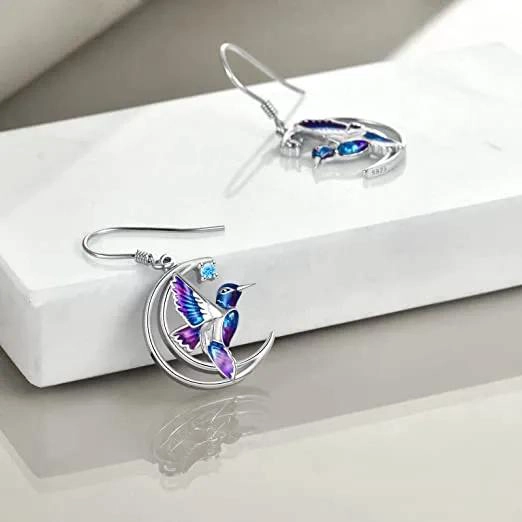 AROS DE PLATA FINA 925 CON DISEÑO DE COLIBRI Y LUNA CON CIRCONIAS - 4
