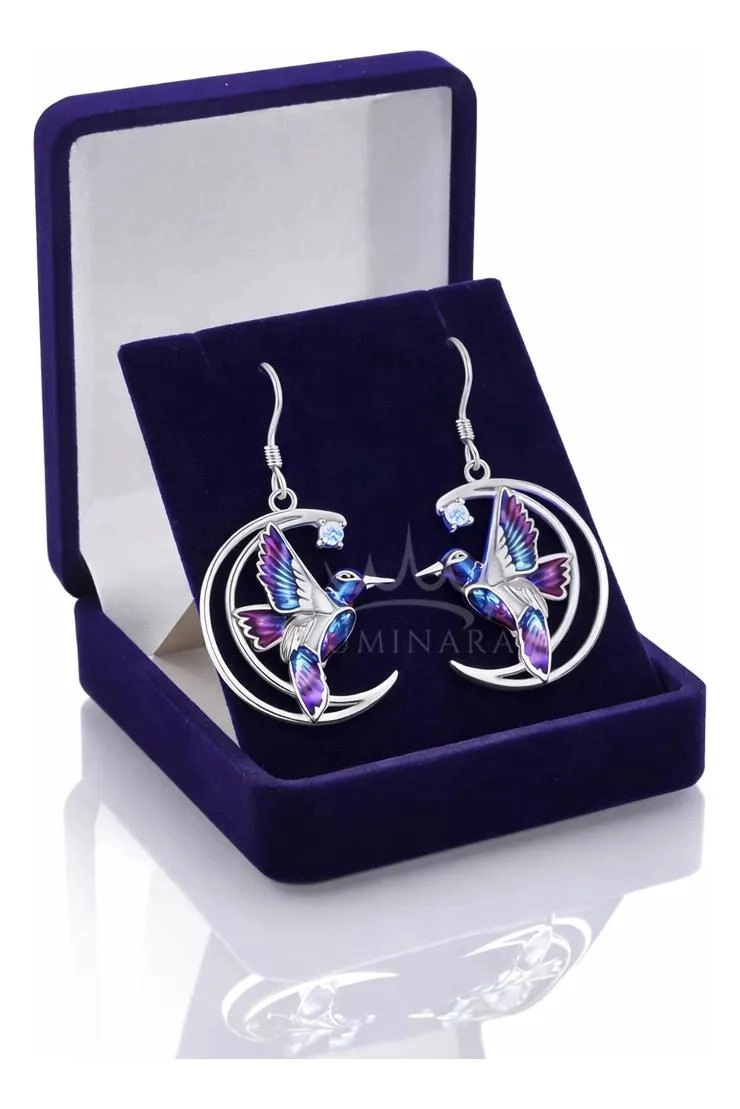 AROS DE PLATA FINA 925 CON DISEÑO DE COLIBRI Y LUNA CON CIRCONIAS - 5