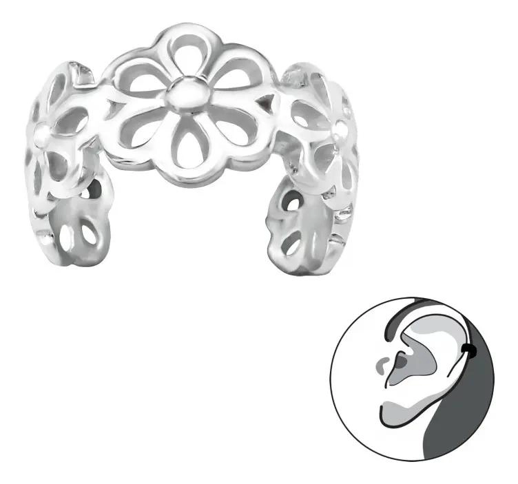 EAR CUFF ARO FALSO CON DISEÑO DE FLORES EN PLATA 925 DE ALTA CALIDAD - 1