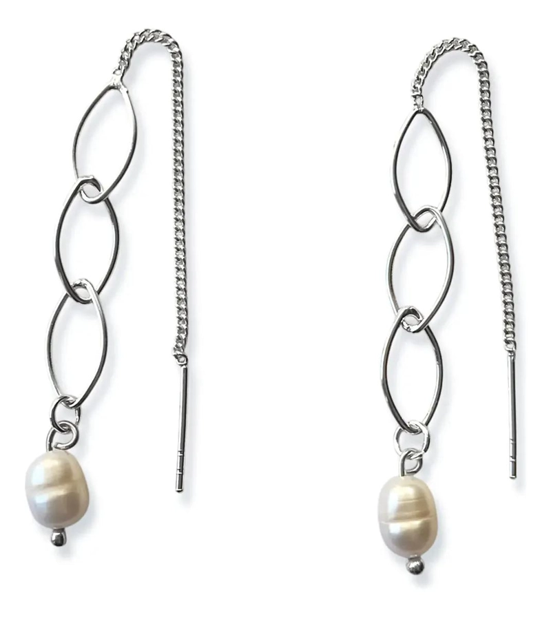 AROS CON PERLA DE RIO Y CADENA PALITO EN PLATA FINA 925 - 1