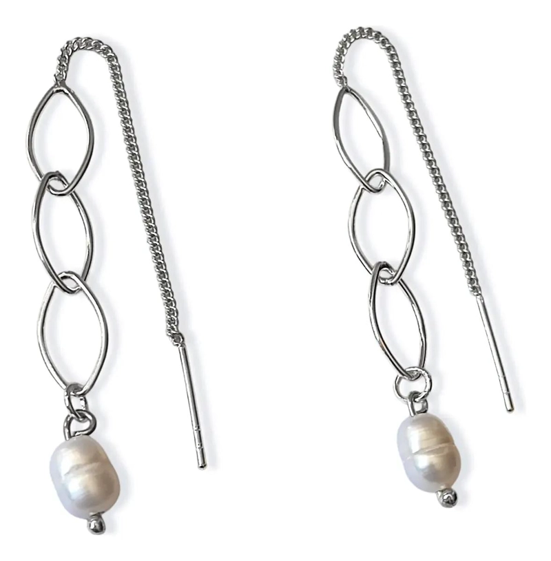 AROS CON PERLA DE RIO Y CADENA PALITO EN PLATA FINA 925 - 2