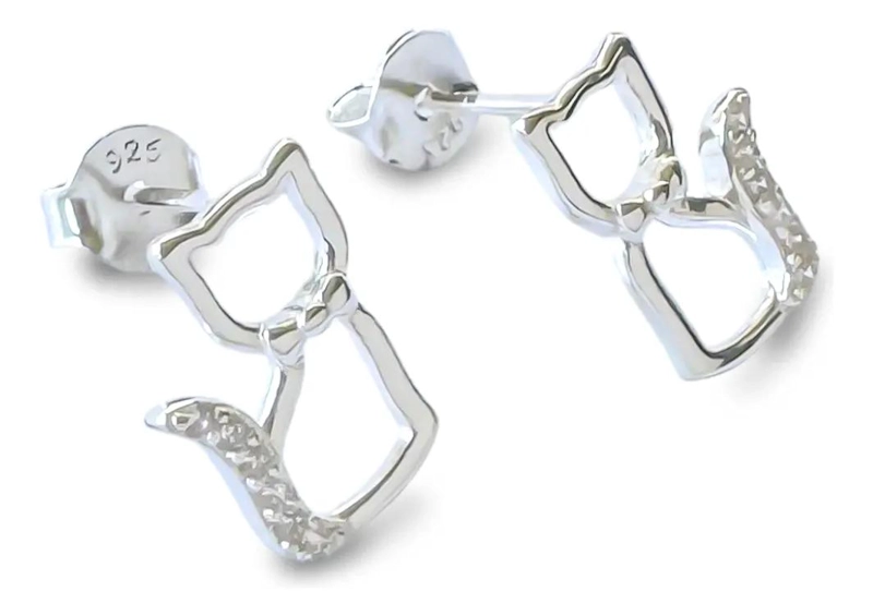 AROS DE PLATA FINA 925 CON DISEÑO DE GATO Y CIRCON DE 11 MM - 2